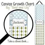 子供用キャンバスGrowth Chartオリーブ、グレーブルーアーガイルとドットBaby Boy NurseryキャンバスGrowth Chart gc0225
