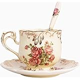 BAWHO Exquisite Cup Ivory Ceramic Tea Cup Saucer Spoon Set Elegant Light Luxury Espresso Coffee Cups Style Beatiful Gift/a/25
