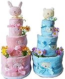 【女の子用うさちゃん】（パンパースS）おむつケーキ 3段 出産祝い anano cafe アナノカフェ タオルとスタイ 女の子 オムツケーキ (5月の誕生石のサンキャッチャー)