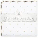 SwaddleDesigns Ultimate Swaddle Blanket, Made in USA, Gold Little Dots with Mocha Trim, Pastel Blue