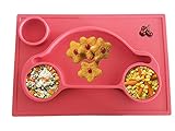 ひっくり返らないベビー食器 ランチョンマット キッズ 子供 ベビー 離乳食 スプーン 皿 しょっき 食器 シリコン ベビーチェア ハイチェア 吸盤付 滑り止め(赤(車))