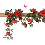 Qingsun 4.2-ft人工花ローズフェイクタトゥーVine花植物ホームホテルオフィスウェディングパーティーガーデンクラフトアートデコレーション 4.2 FT レッド H90104931CX7X9