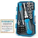 EverBits Screwdriver Set - Precision & Stubby Ratcheting with Sockets and Case. Bits: Torx, Hex, Phi