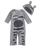 ベビー　子供服　綿　長袖　ロンパース　帽子　乳牛プリント　2点セット　超柔らかい　可愛い　赤ちゃん　出産祝い　普段着　0-24M (80, グレー)