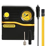 エアコンプレッサー Superpow車用空気入れ DC 12V コンパクト シガーソケット接続式 ３種類アダプターノズル付き自動車 バイク ボール 浮き輪 レジャー用品