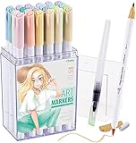 Ohuhu 水性マーカー 24色 薄色 浅い色 ふで・細 イラストマーカー アートマーカーペン 水彩ペン 水性 ふでタイプ ブラッシュ イラ