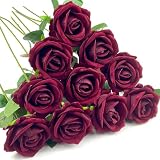 DECEED 造花 バラ ローズ 薔薇 10本セット 花束 バレンタインデー ブーケ 母の日 結婚式 誕生日 花径7cm×長さ50cm（ワインレッド）