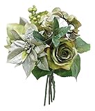 エルアーツ 造花 メタリックミックスブーケ 全長30cm・ローズ花径7~8cm グリーン E3635-11