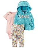 カーターズ carter's 女の子用水色ドットLOVEフード付きジャケットx花柄コーデパンツ上下3点セット (12months(72-78cm)) [並行輸入品]