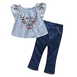 Domybest 子供服　女の子　ベビー服　トップスとデニムロングパンツ　二点セットアップ　2-7歳　半袖　ボーダー花柄ブラウス　春夏秋 (100)
