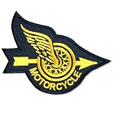 アメカジワッペン【ホイール&ウィング&アロー】タイヤと羽と矢 黒 バイク バイカー モータサイクル 刺繍ワッペン パッチ のりつき 手作り リペア 大人向け wappen patch