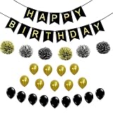 tseahブラックandゴールドHappy Bestふわふわポンポン誕生日装飾バナーセット、with BallonsパーティーSupplies for 21st 30th 40th 50th少年少女誕