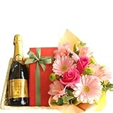 【増税直前セール中！】お祝い 結婚祝い 結婚記念日 誕生日 ワインとお花 お菓子のギフト セット フランス スパークリング ベビーボトル ケーキとフラワーアレンジメント コート・デュ・ローヌ ジャイアンス キュヴェ・インペリアル・トラディション 甘口 375ml レ・カカオ イチジクとカシスのチョコレートケーキ ピンクの 生花 ガーベラ バラ バスケット入り【ギフト】贈答用 贈り物 プレゼント