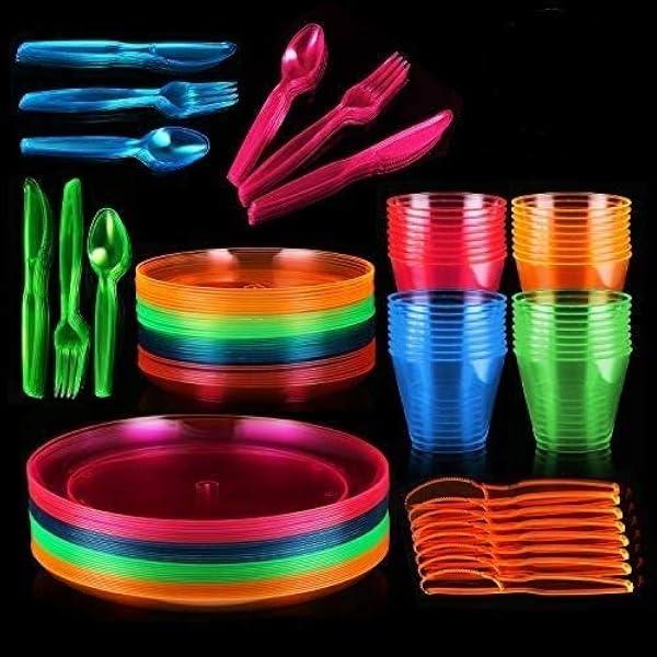 128 Piece Neon Party Supplies Set 