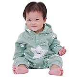 Famuka ベビー 服 新生児 秋冬 フリース ロンパース カバーオール 可愛い 星柄 フード付き(6-9M, グリーン)