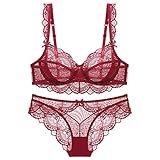 [Guoeappa] 魅力シースルーランジェリー レース ブラジャー ショーツセット セクシー パッド無し素肌に透け感 薄い 女性下着 レディース 上下セット(ワインレッド,80D)