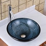 Eliteバスルームブルーストライプガラス容器シンク&クロムシングルレバー蛇口コンボ& Pop Up Drainマウントリング