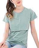 授乳トップス 半袖 授乳口付き 産前産後 ボーダー パッド入れ可 出産祝い 通気性 綿 授乳服 Tシャツ 夏 マタニティ 日常用 (グリーンボーダー/L)