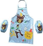 (ヤヌーク・ゴラ）エプロン キッズ 子供用 防水 腕カバー 付 幼稚園 保育園 給食 絵画 工作 撥水 (水色 クマ 親子)