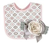 Stephan Baby Bib and Satin Rose Headband with Faux Pearls Diamond Flower Gift Set, Pink/Grey/White, 