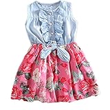 Ruideng 女の子デニム花柄プリントノースリーブワンピーススカート (150cm, レッド)