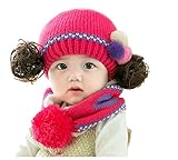 baby-mine（ベイビーマイン) ベビー&キッズ ニット帽 マフラー あったか2点セット ふわふわ髪の毛&ポンポン付 ５色展開 お誕生日プレゼント 御出産祝い (ローズピンク)