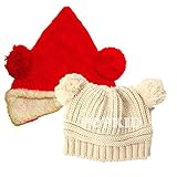 World Mall JP ボンボン 耳付 ベビー ニット帽子 2点セット （クマさん風 （ベージュ） 帽子 と 赤ずきん風 （赤） 帽子） 子供 防寒 ボンボン付き の キッズ用　帽子