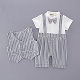 S'M(エスエム)　ベビー服男児フォーマルサロペット+ベスト二点セット　男の子カバーオール　ベビーフォーマル　カバーオール　半袖　折り襟　薄手　ボーイズロンパース　蝶結び　白いシャツ紳士風洋服　グレー