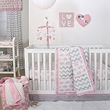 Pink Elephant and Grey Chevron Patchwork 3 Piece Crib Bedding Set - Peanut Shell by The Peanut Shell