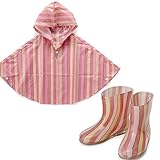 LATAKKO キッス゛ホ゜ンチョ　ヒ゜ンクストライフ゜（100cm）＆レインブーツ（17cm） ポンチョ レインコート キッズ 100cm 子供 雨合羽 長靴 キッズ 17cm レインブーツ レイン