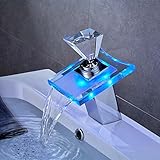 ウォーターフォール浴室シンク蛇口3色変更LEDライト付きガラス注ぎ口 NVT101C