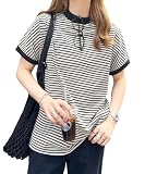 [神戸レタス] Tシャツ レディース 半袖トップス tシャツ ゆったり 体型カバー 夏 モックネックｔシャツ [C4819] M エクリュ/ブラック