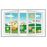 Alonlineアート – Chicks Field With Flowers For Kids Fake 3dウィンドウビニールステッカーデカール54 " x35 " – 138 x 89 cm接着