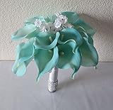 ターコイズリアルタッチカラーリリー柄ブライダルウェディングブーケ&ブートニア 12" Bouquet ブルー