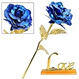 YOBANSA 24K 金箔のバラ 造花 永遠の花 記念日 母の日 バレンタインデー、結婚祝い、お誕生日などに プレゼント LOVE スタンド メッセージ カード付き (ダークブルー)