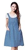 【SEBLES】マタニティ 妊婦 ファッション ワンピース カジュアル ドット デニムカラー スカート リボン 無地 コットン 綿 ラウンドネック ハイウエスト フレア 半袖 春 初夏 夏(L)