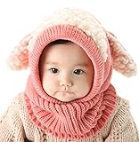 【Anjelly】 ベビー ＆ キッズ 用 うさぎちゃん風 ニット帽 ネックウォーマー 一体型 おまけ付 選べる5色 (ピンク)