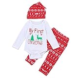 新生児服　クリスマス　ベビー上下セット　My First Christmas　かわいい長袖ロンパース　総柄パンツ　帽子　ルームウェア　赤ちゃん　プレゼント　0-18M