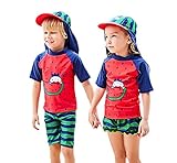 Snone男の子 水着 半袖 キャップ付 スイムウェア 上下 キッズ 水着 3点セット かっこいい おしゃれ