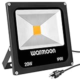 Warmoon Outdoor LED Flood Light, 20W Warm White 3200K Waterproof Security Lights with US 3-Plug for 