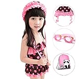 [FERE8890] 女の子 ベビー 連体水着 4点セット スイムキャップ ゴーグル 収納バッグ ドット柄 水玉模様 可愛い ショーツ 肩紐 波模様 蝶結び エレガント お洒落 コーヒー B XXXL