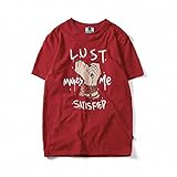 ファッションメンズベーシックコットンダブルステッチ半袖Tシャツ（レッド）
