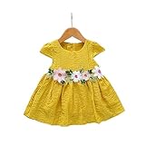 ベイビー服 女の子ワンピース Pojour 夏キッズ用かわいいドレス 花付き 子供ギフト 通気 綿 黄色 100cm