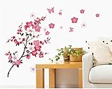 SWORNA Nature Series Branch Pink Flowers & Butterfly Removable Vinyl Mural Wall Art Decor Home Stick