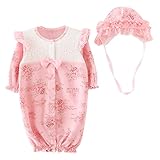 Ochine ベビー服 前開き 幼児 子供服 ロンパース+帽子 2点セット 綿&レース かわいい花柄 カバーオール 長袖 蝶結び 女の子 お着替え簡単 ピンク/ホワイト 出産祝い 0-10ヶ月に
