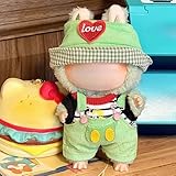 For Labubu 服 ぬいぐるみ用 ラブブ1代目 2代目 3代目対応 17cm人形の服 帽子 Tシャツ ズボン ドレス セーター セット かわいい コスチューム 着せ替え フィッシャーマンズハット ジーンズ 人形ベビー服 綿人形の服 DIY アクセサリー 衣装のみ (オーバーオール)