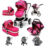 i-Safe System - Raspberry (Pink) Trio Travel System Pram & Luxury Stroller 3 in 1 Complete With Car 