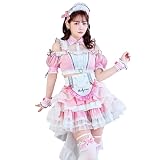 [Malymoon] コスプレ メイド ウエイトレス 家政婦 ピンク ブラック 黒 中村里砂 佐藤ノア チュール チェック 衣装 仮装 マリームーン 10点セット 10254 (ピンク)