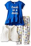 Rosie Pope Little Girls 3 Piece Navy Jersey Top Quilted Jersey Vest and Floral Printed Legging Set S