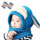 子供 用 ニット帽子 うさぎちゃん風 ニット帽 ベビー キッズ 赤ちゃん かわいい ＆色ランダム防寒グローブ あたたかい手袋セットとして (ブルー)